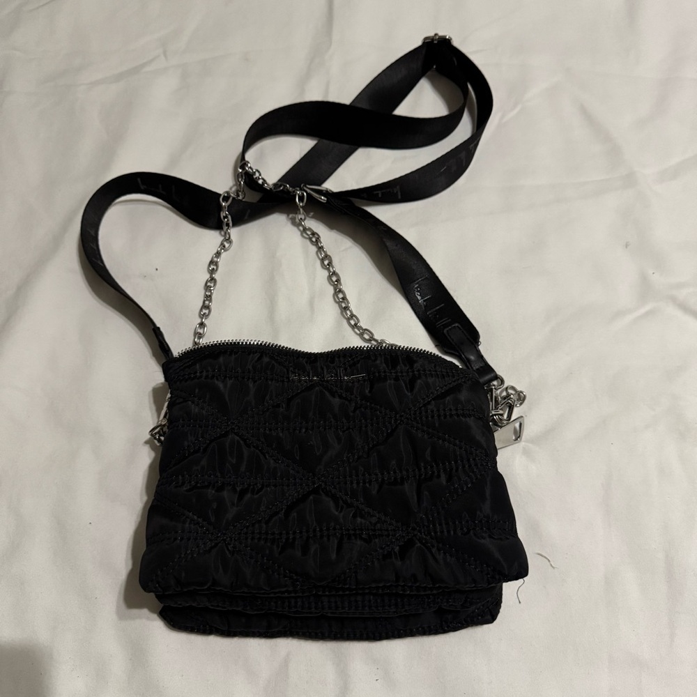 Nicole Miller Black Quilted Crossbody Bag w/ Chain Strap | Multiple Compartments